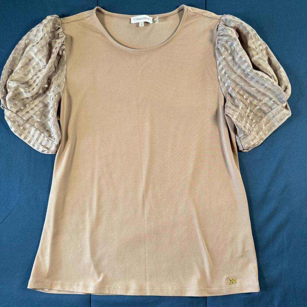 Calvin Klein Mocha Puff Sleeve Top Women's Small Taupe Brown Sheer Sleeve